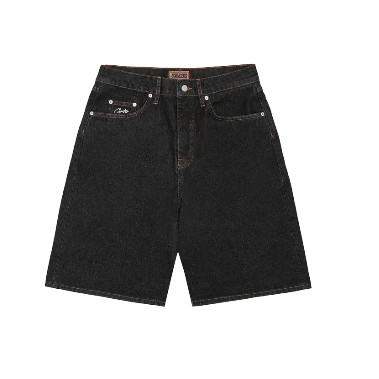 Corteiz Crest Chainstitch Denim Short Washed Black